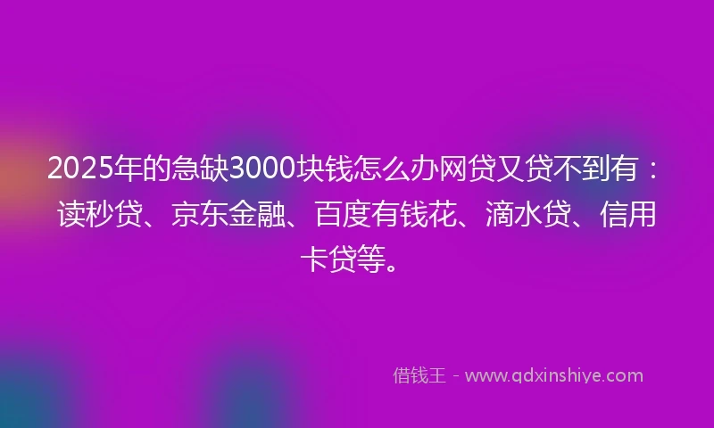 2025年的急缺3000块钱怎么办网贷又贷不到有：读秒贷、京东金融、百度有钱花、滴水贷、信用卡贷等。