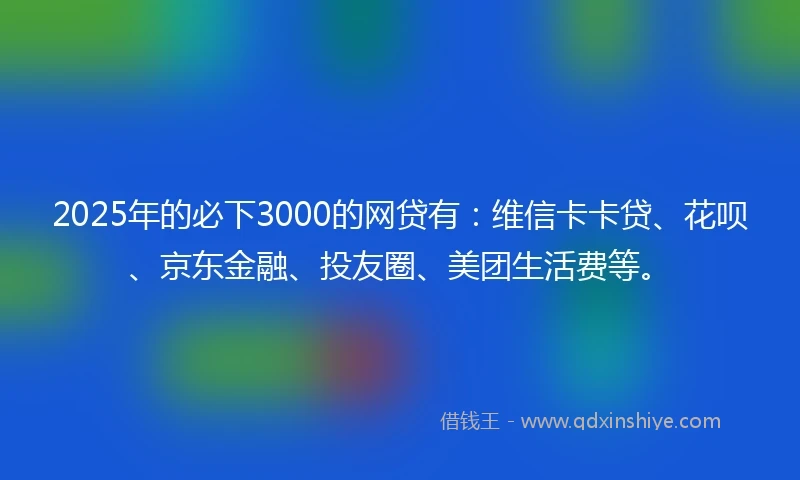 2025年的必下3000的网贷有：维信卡卡贷、花呗、京东金融、投友圈、美团生活费等。
