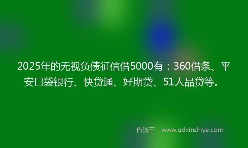 2025年的无视负债征信借5000有：360借条、平安口袋银行、快贷通、好期贷、51人品贷等。