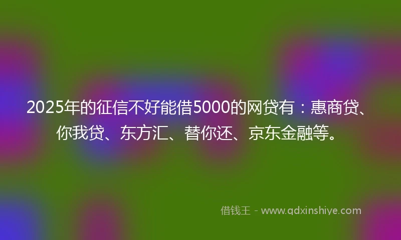 2025年的征信不好能借5000的网贷有：惠商贷、你我贷、东方汇、替你还、京东金融等。