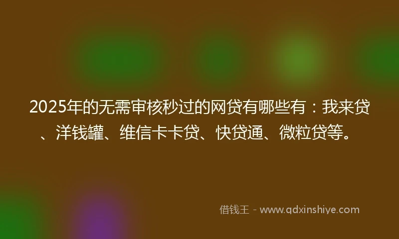 2025年的无需审核秒过的网贷有哪些有：我来贷、洋钱罐、维信卡卡贷、快贷通、微粒贷等。