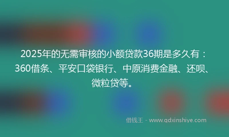 2025年的无需审核的小额贷款36期是多久有：360借条、平安口袋银行、中原消费金融、还呗、微粒贷等。