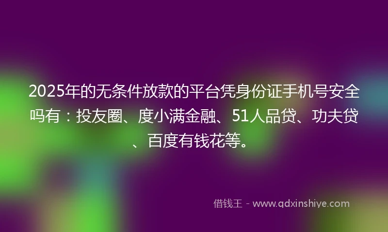 2025年的无条件放款的平台凭身份证手机号安全吗有：投友圈、度小满金融、51人品贷、功夫贷、百度有钱花等。