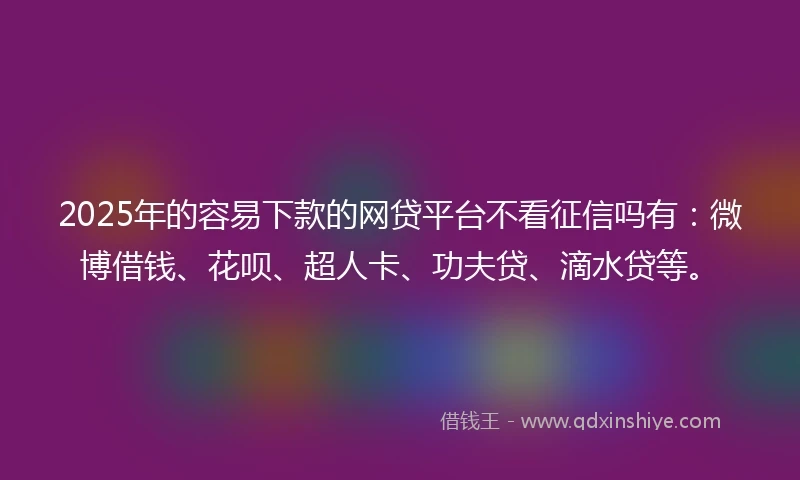 2025年的容易下款的网贷平台不看征信吗有：微博借钱、花呗、超人卡、功夫贷、滴水贷等。