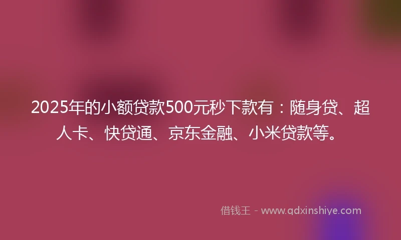 2025年的小额贷款500元秒下款有：随身贷、超人卡、快贷通、京东金融、小米贷款等。