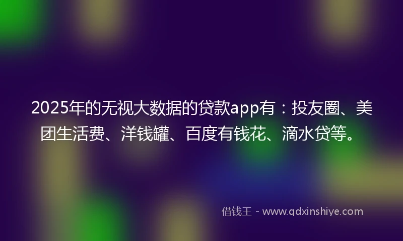 2025年的无视大数据的贷款app有：投友圈、美团生活费、洋钱罐、百度有钱花、滴水贷等。