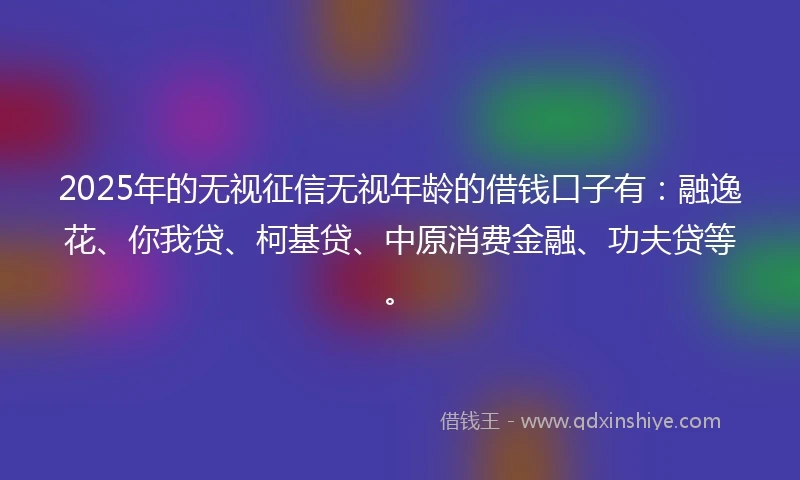2025年的无视征信无视年龄的借钱口子有：融逸花、你我贷、柯基贷、中原消费金融、功夫贷等。