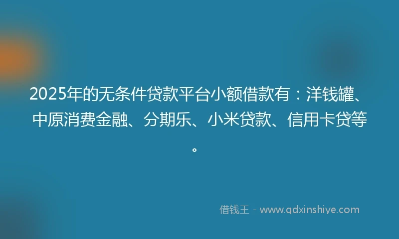 2025年的无条件贷款平台小额借款有：洋钱罐、中原消费金融、分期乐、小米贷款、信用卡贷等。
