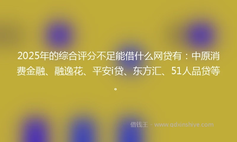 2025年的综合评分不足能借什么网贷有：中原消费金融、融逸花、平安i贷、东方汇、51人品贷等。