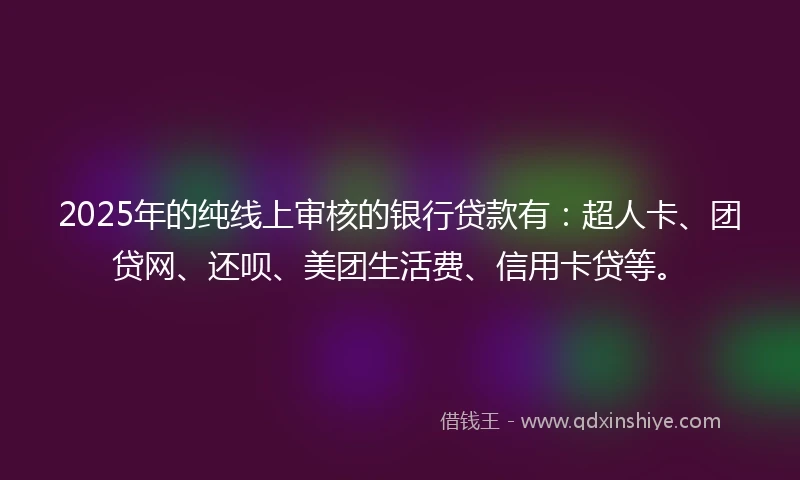 2025年的纯线上审核的银行贷款有：超人卡、团贷网、还呗、美团生活费、信用卡贷等。