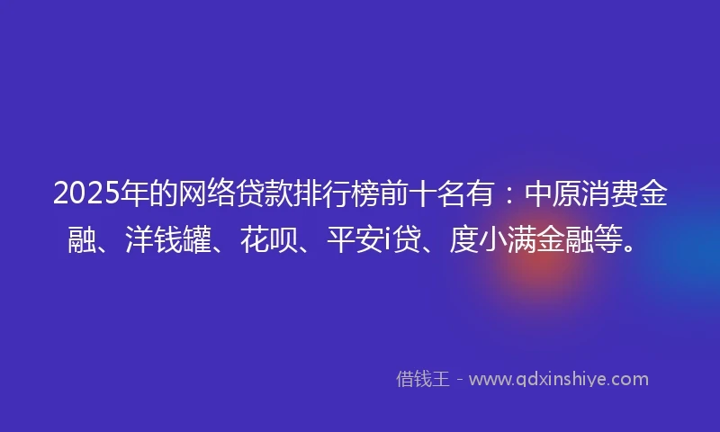2025年的网络贷款排行榜前十名有：中原消费金融、洋钱罐、花呗、平安i贷、度小满金融等。