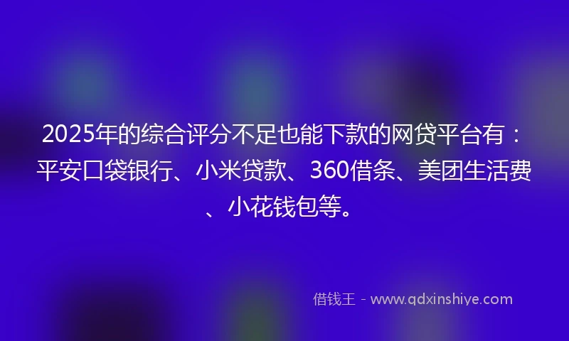 2025年的综合评分不足也能下款的网贷平台有：平安口袋银行、小米贷款、360借条、美团生活费、小花钱包等。
