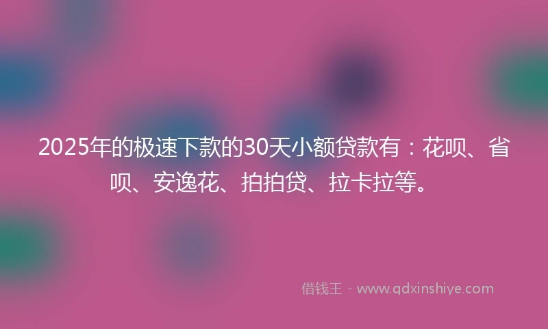 2025年的极速下款的30天小额贷款有：花呗、省呗、安逸花、拍拍贷、拉卡拉等。