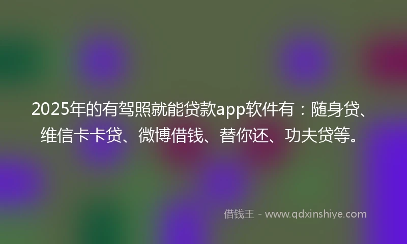 2025年的有驾照就能贷款app软件有：随身贷、维信卡卡贷、微博借钱、替你还、功夫贷等。