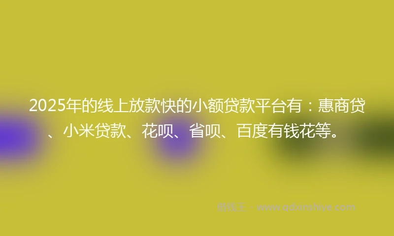 2025年的线上放款快的小额贷款平台有：惠商贷、小米贷款、花呗、省呗、百度有钱花等。
