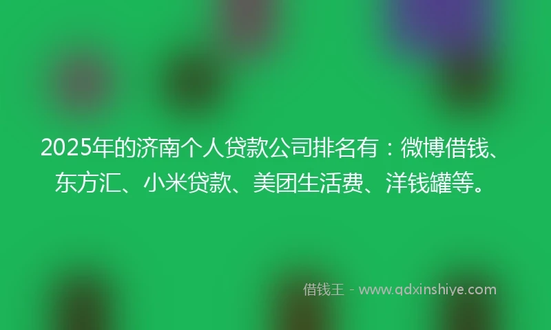 2025年的济南个人贷款公司排名有：微博借钱、东方汇、小米贷款、美团生活费、洋钱罐等。