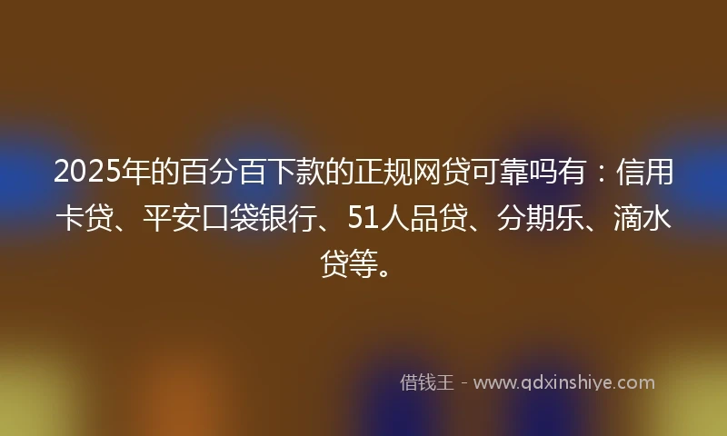 2025年的百分百下款的正规网贷可靠吗有：信用卡贷、平安口袋银行、51人品贷、分期乐、滴水贷等。
