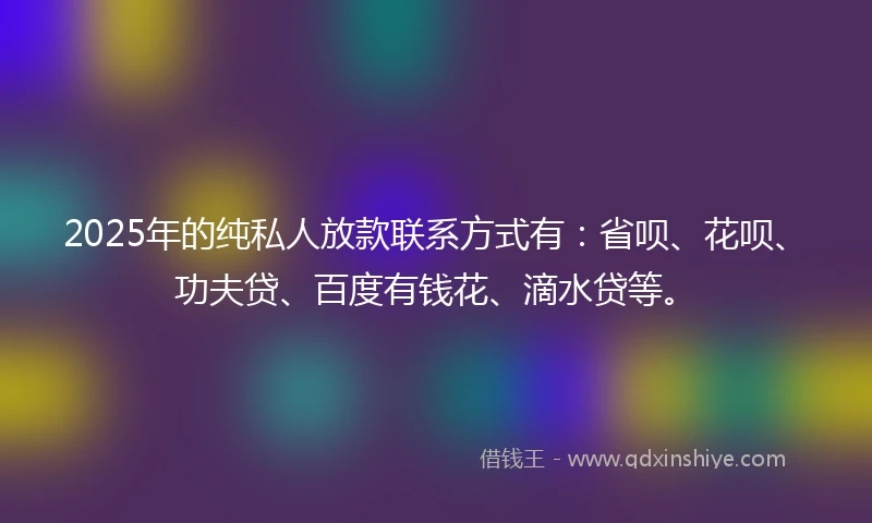 2025年的纯私人放款联系方式有：省呗、花呗、功夫贷、百度有钱花、滴水贷等。