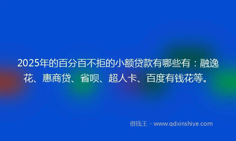 2025年的百分百不拒的小额贷款有哪些有：融逸花、惠商贷、省呗、超人卡、百度有钱花等。