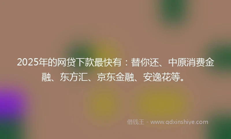 2025年的网贷下款最快有：替你还、中原消费金融、东方汇、京东金融、安逸花等。