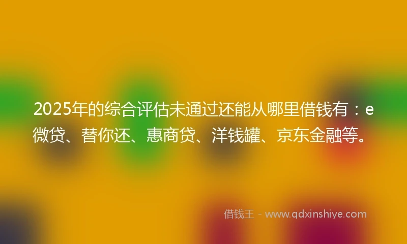 2025年的综合评估未通过还能从哪里借钱有：e微贷、替你还、惠商贷、洋钱罐、京东金融等。