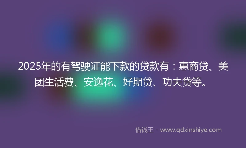 2025年的有驾驶证能下款的贷款有：惠商贷、美团生活费、安逸花、好期贷、功夫贷等。