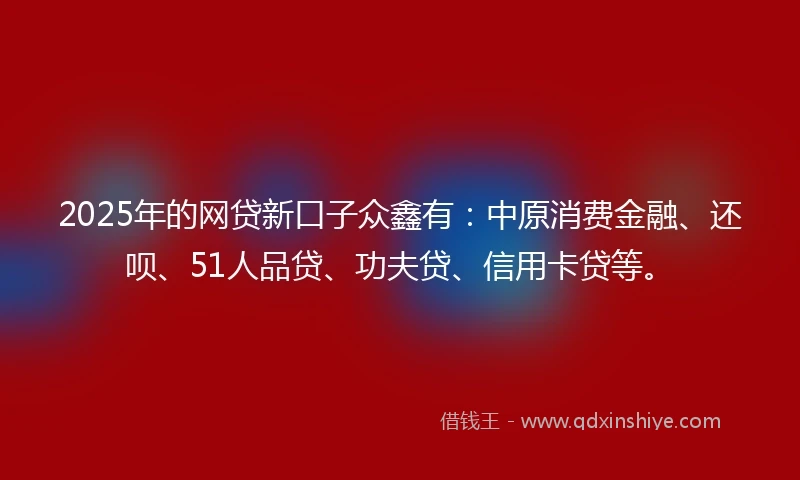 2025年的网贷新口子众鑫有：中原消费金融、还呗、51人品贷、功夫贷、信用卡贷等。