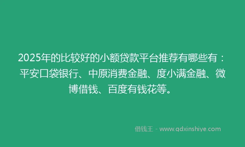 2025年的比较好的小额贷款平台推荐有哪些有：平安口袋银行、中原消费金融、度小满金融、微博借钱、百度有钱花等。