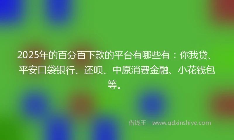 2025年的百分百下款的平台有哪些有：你我贷、平安口袋银行、还呗、中原消费金融、小花钱包等。