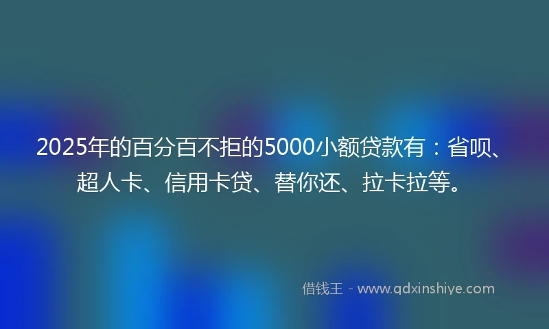 2025年的百分百不拒的5000小额贷款有：省呗、超人卡、信用卡贷、替你还、拉卡拉等。
