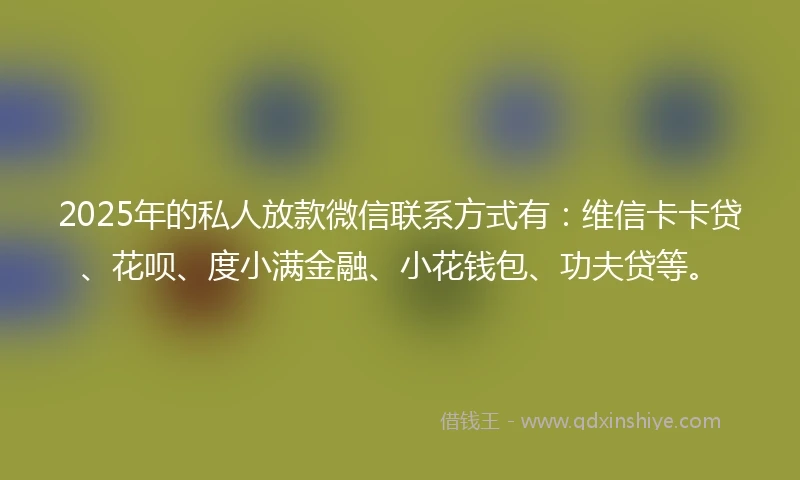 2025年的私人放款微信联系方式有：维信卡卡贷、花呗、度小满金融、小花钱包、功夫贷等。