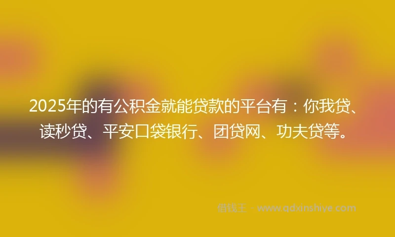 2025年的有公积金就能贷款的平台有：你我贷、读秒贷、平安口袋银行、团贷网、功夫贷等。