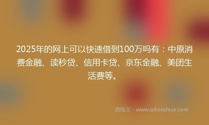 2025年的网上可以快速借到100万吗有：中原消费金融、读秒贷、信用卡贷、京东金融、美团生活费等。