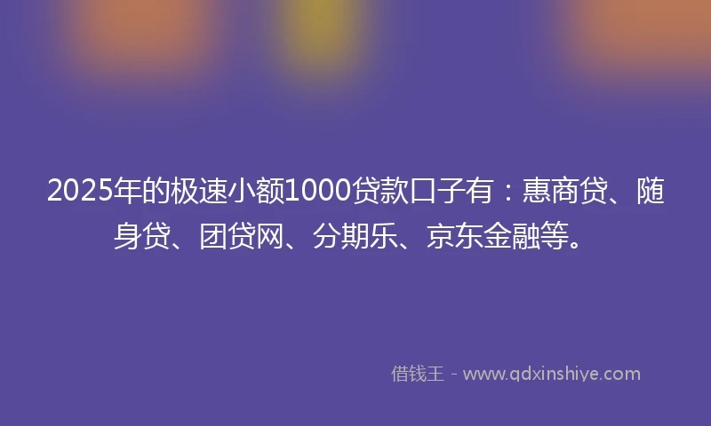 2025年的极速小额1000贷款口子有：惠商贷、随身贷、团贷网、分期乐、京东金融等。
