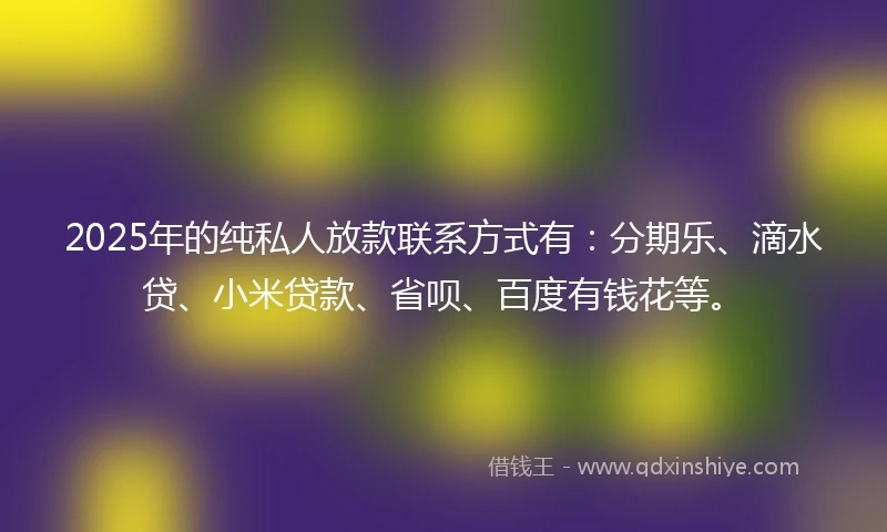 2025年的纯私人放款联系方式有：分期乐、滴水贷、小米贷款、省呗、百度有钱花等。