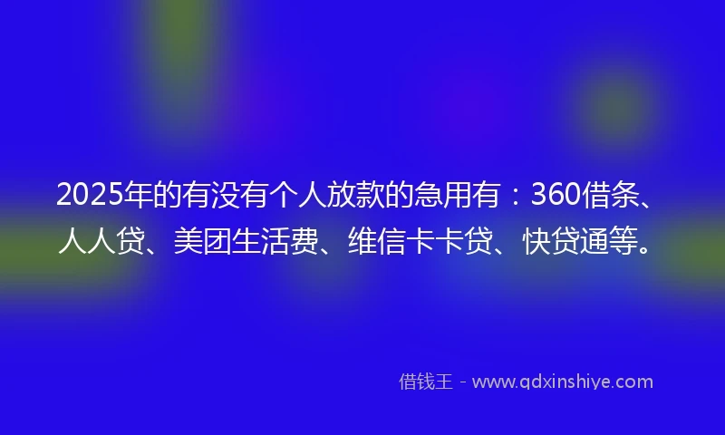 2025年的有没有个人放款的急用有：360借条、人人贷、美团生活费、维信卡卡贷、快贷通等。
