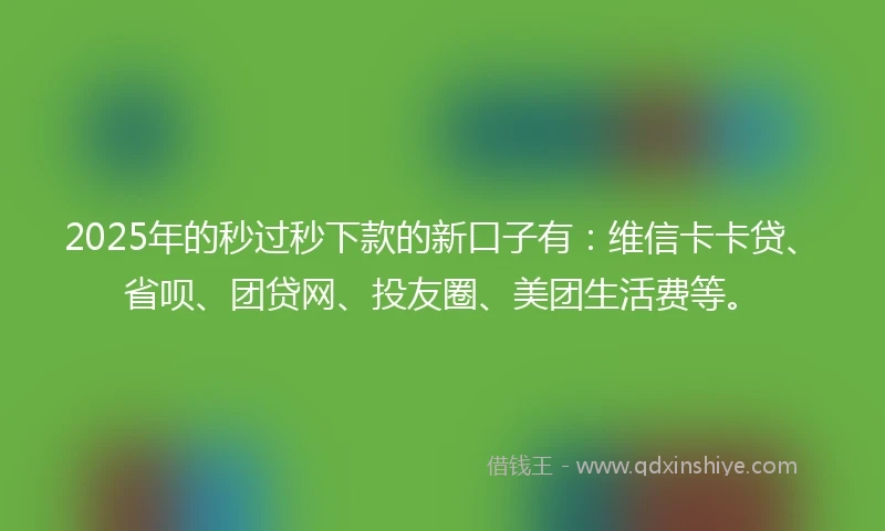 2025年的秒过秒下款的新口子有：维信卡卡贷、省呗、团贷网、投友圈、美团生活费等。