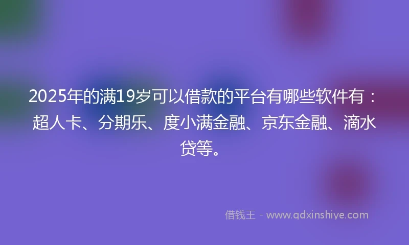 2025年的满19岁可以借款的平台有哪些软件有：超人卡、分期乐、度小满金融、京东金融、滴水贷等。