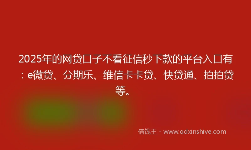 2025年的网贷口子不看征信秒下款的平台入口有:e微贷、分期乐、维信卡卡贷、快贷通、拍拍贷等。