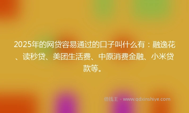 2025年的网贷容易通过的口子叫什么有：融逸花、读秒贷、美团生活费、中原消费金融、小米贷款等。
