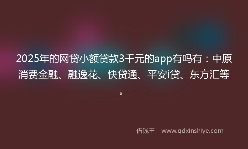 2025年的网贷小额贷款3千元的app有吗有：中原消费金融、融逸花、快贷通、平安i贷、东方汇等。
