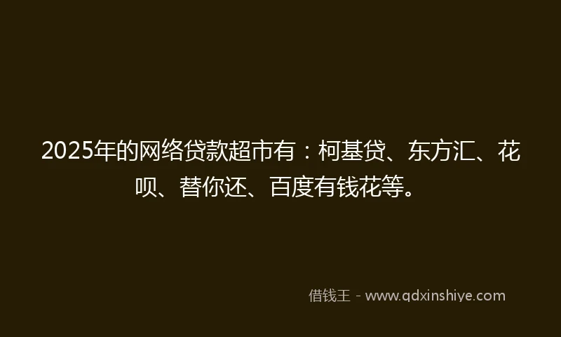 2025年的网络贷款超市有：柯基贷、东方汇、花呗、替你还、百度有钱花等。
