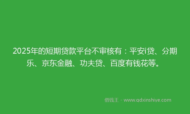 2025年的短期贷款平台不审核有：平安i贷、分期乐、京东金融、功夫贷、百度有钱花等。