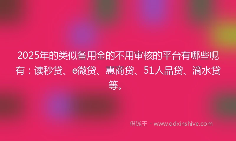 2025年的类似备用金的不用审核的平台有哪些呢有：读秒贷、e微贷、惠商贷、51人品贷、滴水贷等。