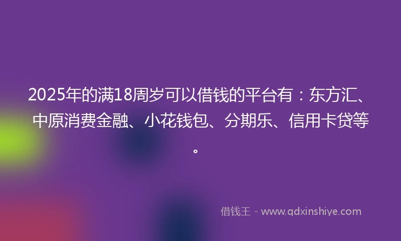 2025年的满18周岁可以借钱的平台有：东方汇、中原消费金融、小花钱包、分期乐、信用卡贷等。