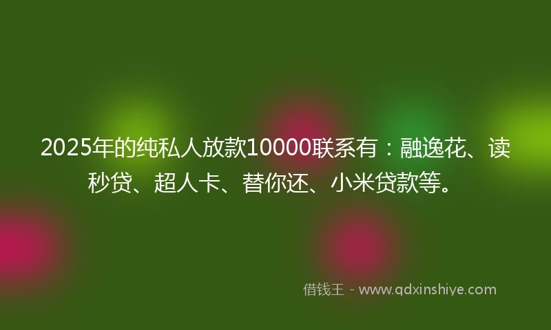 2025年的纯私人放款10000联系有：融逸花、读秒贷、超人卡、替你还、小米贷款等。