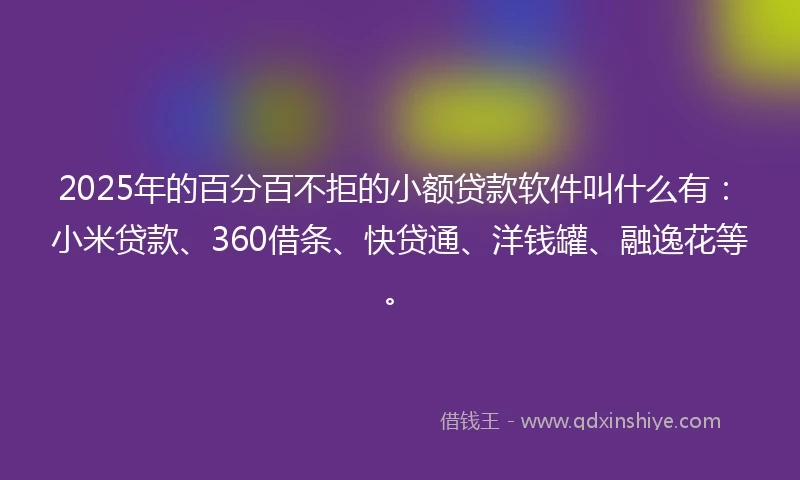 2025年的百分百不拒的小额贷款软件叫什么有：小米贷款、360借条、快贷通、洋钱罐、融逸花等。