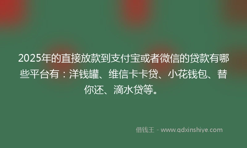 2025年的直接放款到支付宝或者微信的贷款有哪些平台有：洋钱罐、维信卡卡贷、小花钱包、替你还、滴水贷等。