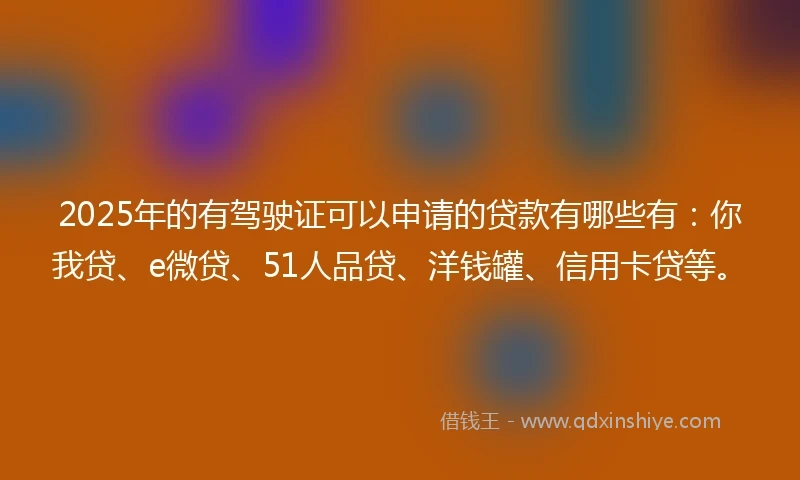2025年的有驾驶证可以申请的贷款有哪些有：你我贷、e微贷、51人品贷、洋钱罐、信用卡贷等。