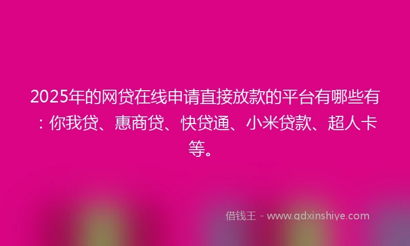 2025年的网贷在线申请直接放款的平台有哪些有：你我贷、惠商贷、快贷通、小米贷款、超人卡等。